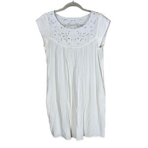 Hilary Radley Embroidered Shift Mini Dress in White With Pockets & Gathers M